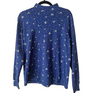 Lands End Blue Winter Holiday Scene Relaxed Fit Mock Neck Shirt Women’s Medium